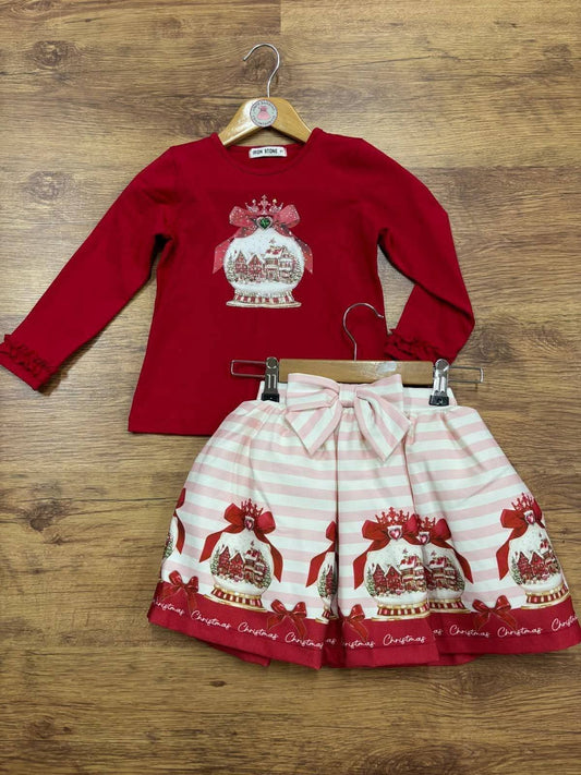 Girls Red Snow globe Top & Skirt Set
