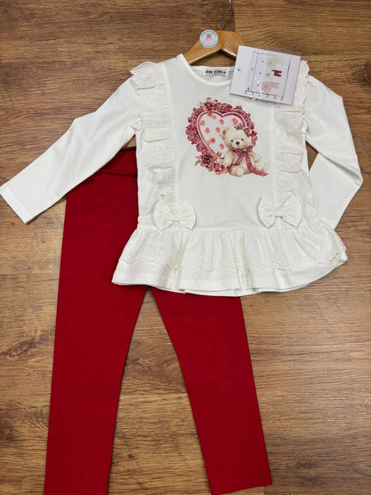 Girls Red Heart Bear Top & Leggings Set