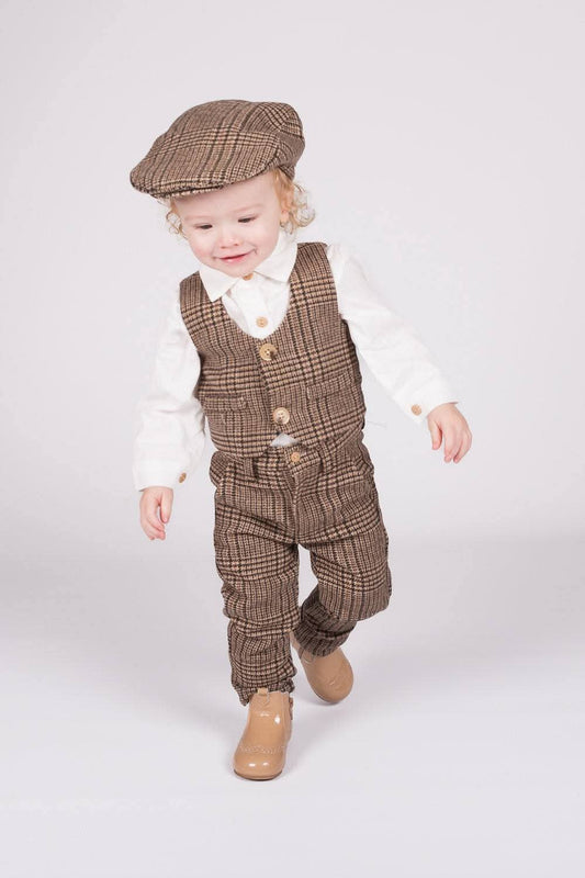 Boys Checked Waistcoat, Shirt, Trousers & Hat Set