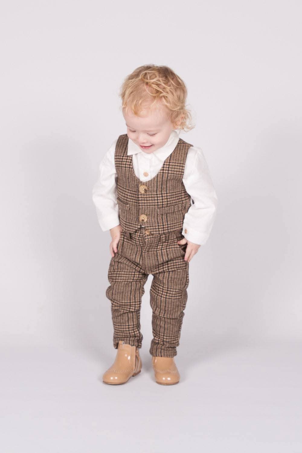 Boys Checked Waistcoat, Shirt, Trousers & Hat Set