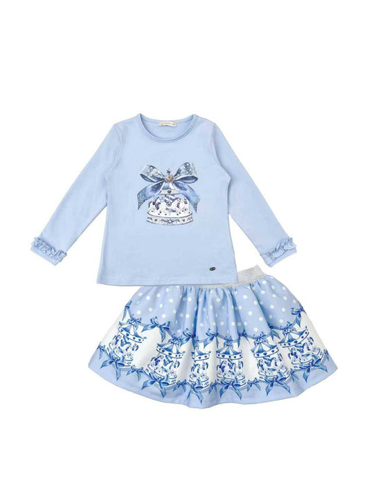 Girls Blue Carousel with Bows Top & Skirt Set