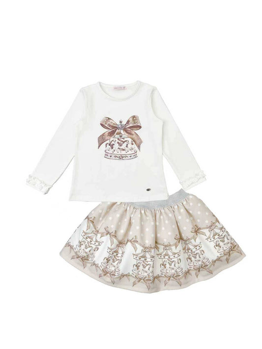 Girls Cream Carousel with Bows Top & Skirt Set