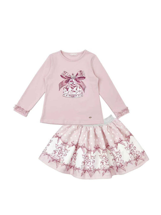 Girls Pink Carousel with Bows Top & Skirt Set