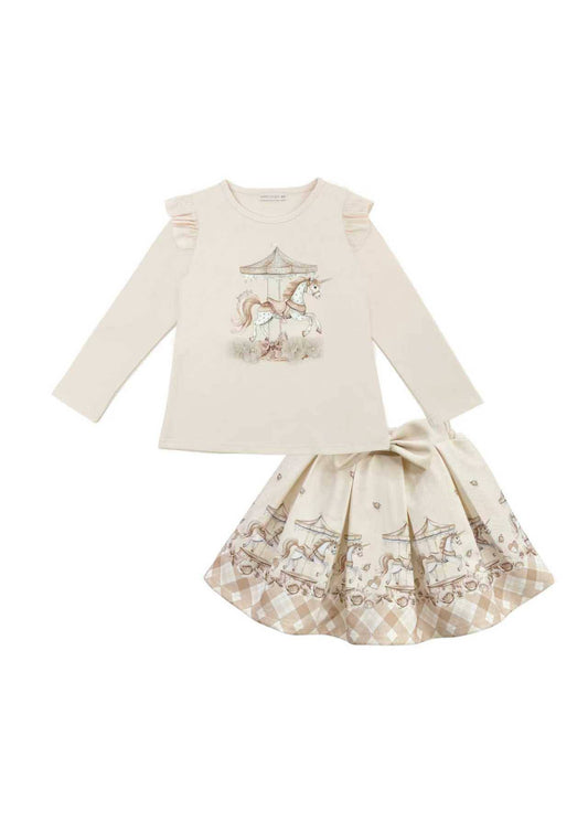 Girls Cream Unicorn & Carousel Top & Skirt Set