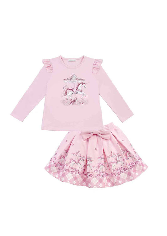 Girls Pink Unicorn & Carousel Top & Skirt Set