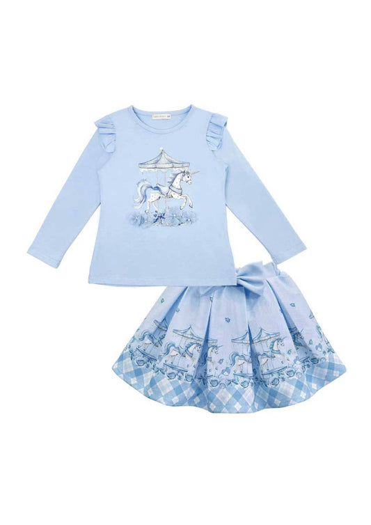 Girls Blue Unicorn & Carousel Top & Skirt Set