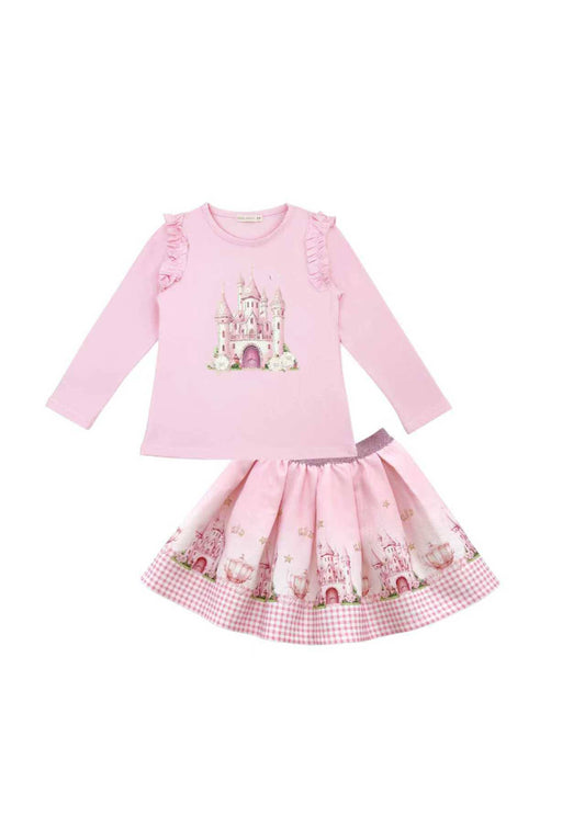 Girls Pink Castle Top & Skirt Set