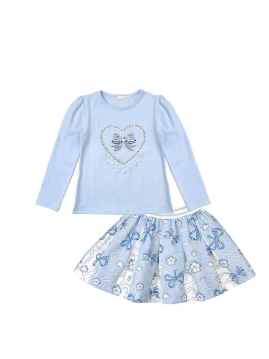 Girls Blue Bow Top & Skirt Set