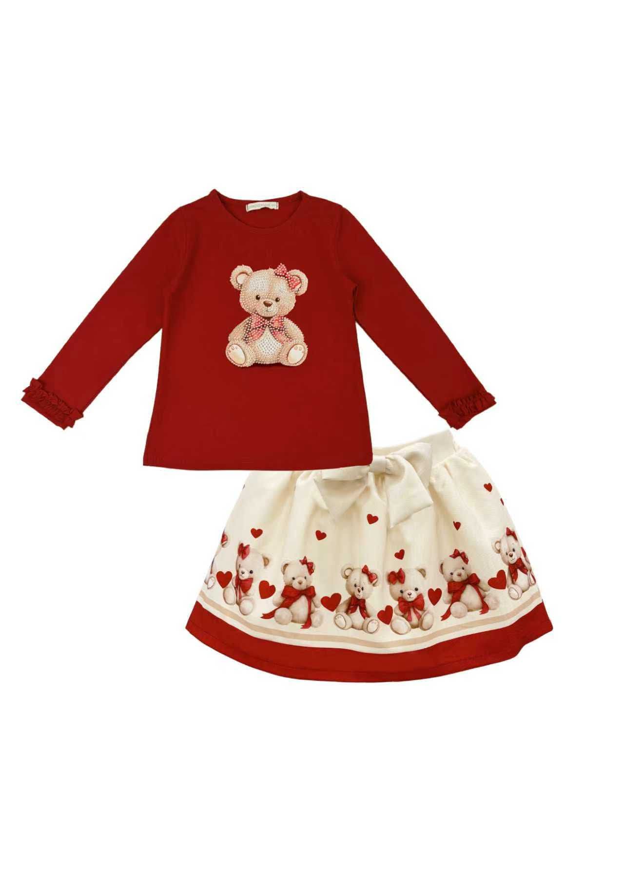 Girls Red Teddybear Top & Skirt Set 7-8years