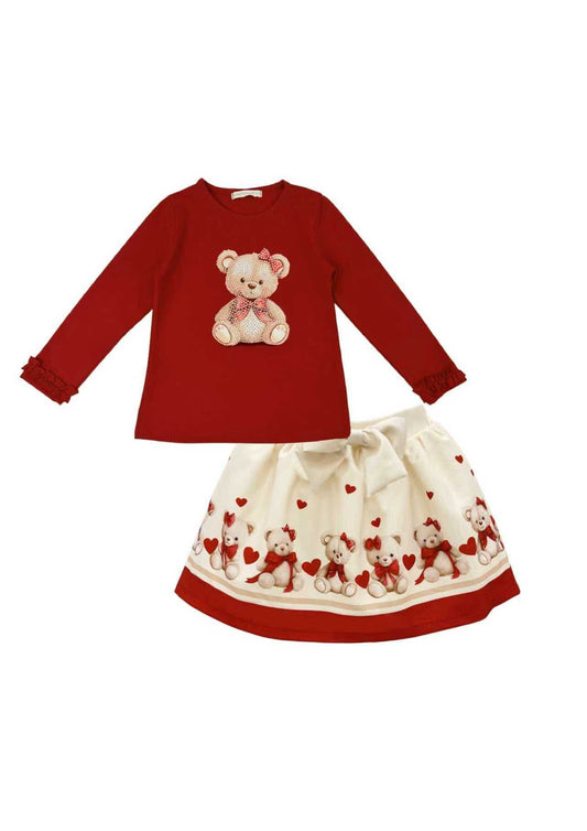 Girls Red Teddybear Top & Skirt Set