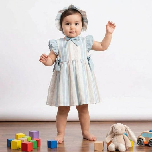 Baby Girls Striped Dress & Bonnet Set
