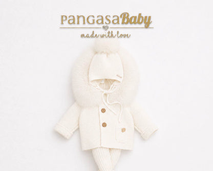 Pangasa Baby Luxury Fur Jacket, Hat & Tights Set Ivory - In Stock