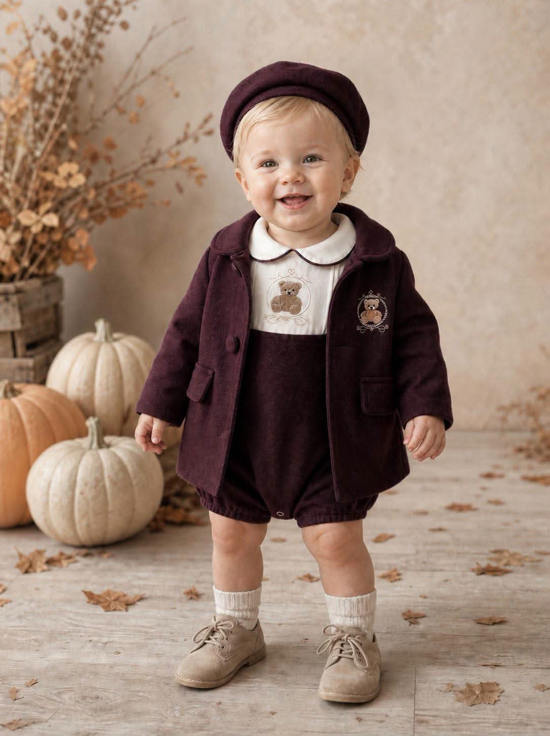 Boys Burgundy Teddy Romper, Jacket & Hat Set