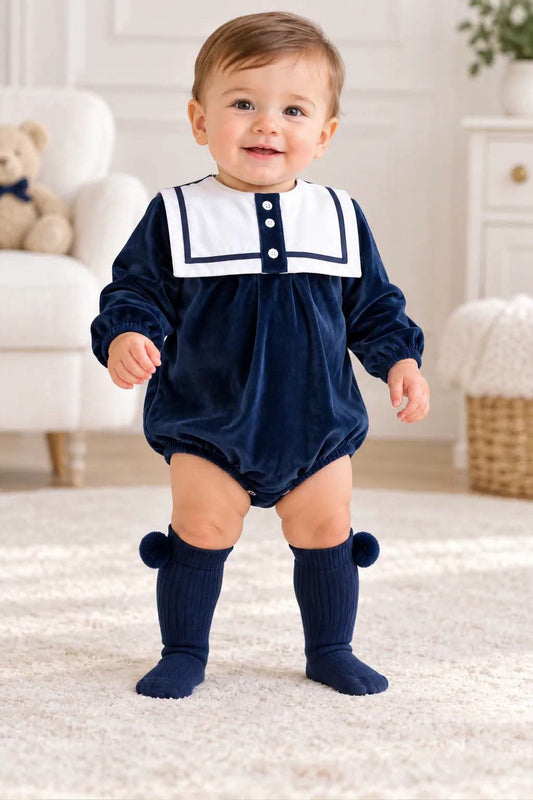 Baby Boys Navy Velour Romper