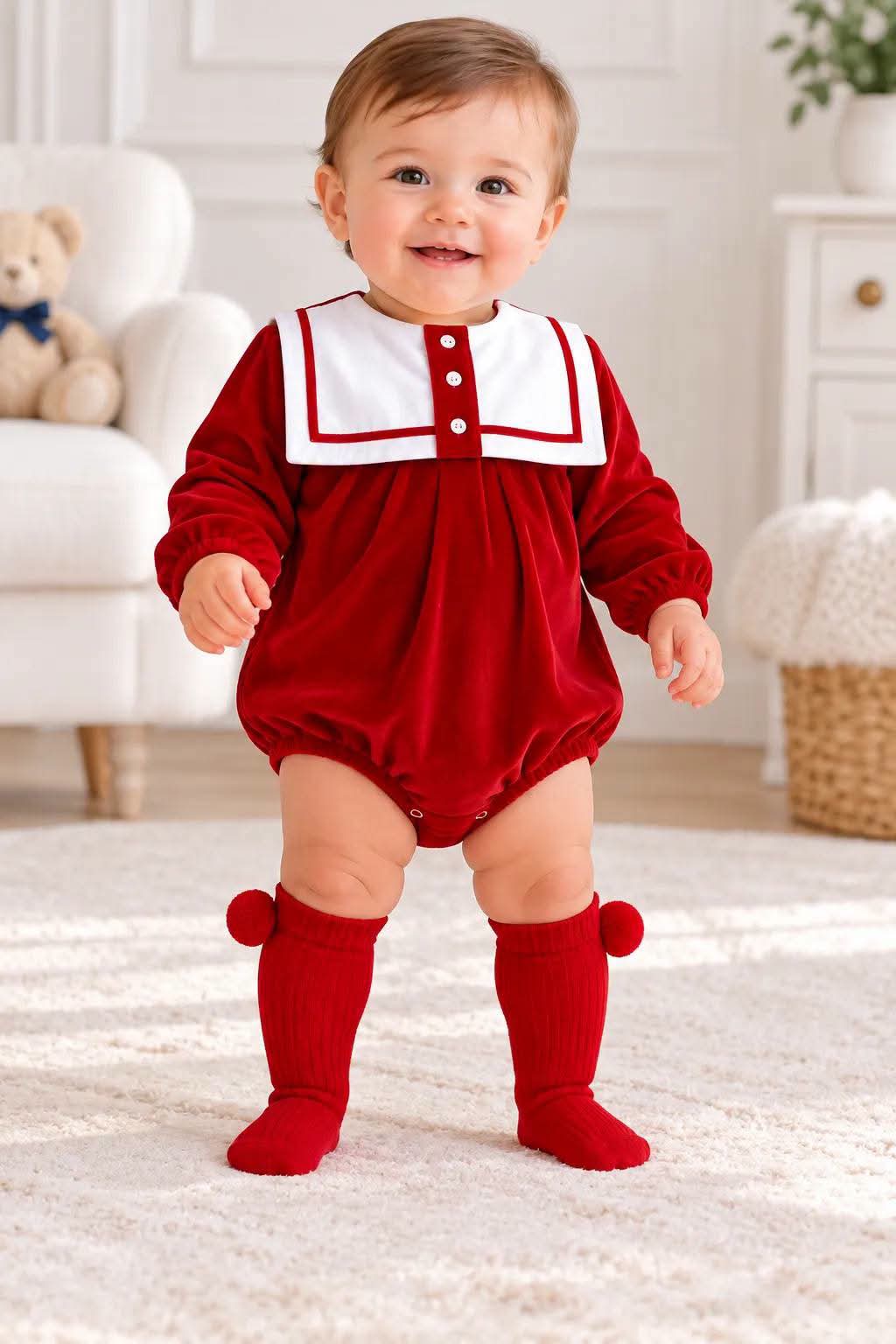 Baby Boys Red Velour Romper