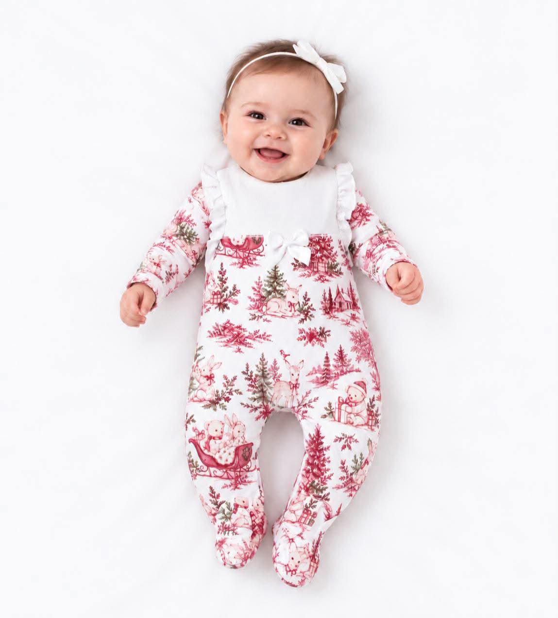 Baby Girls Christmas Print Bow Babygrow