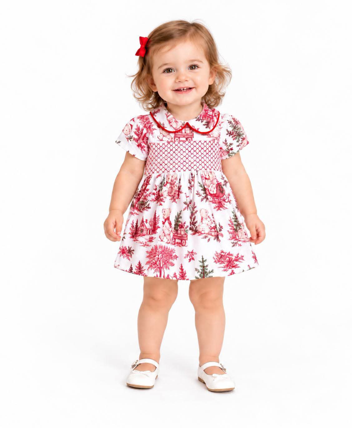 Girls Christmas Print Smocked Dress