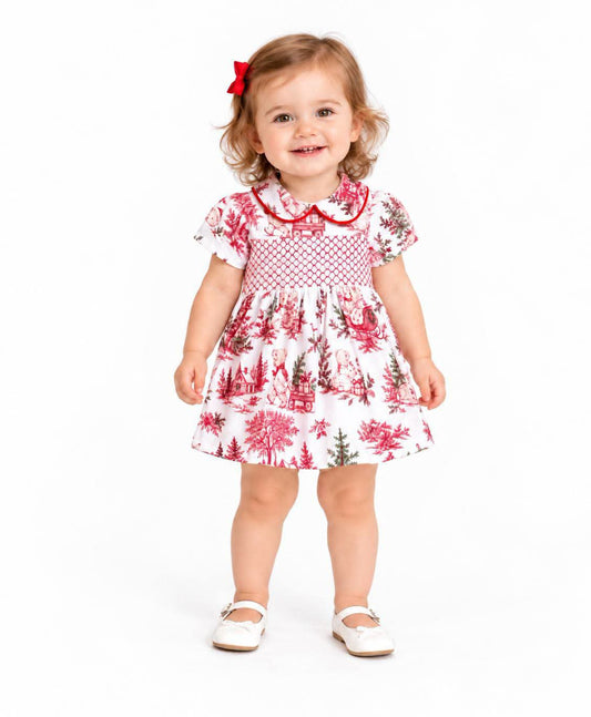 Girls Christmas Print Smocked Dress