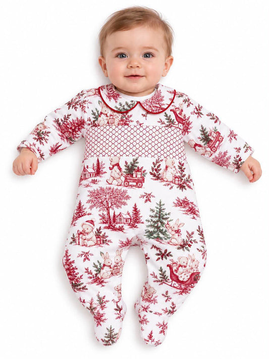 Boys Christmas Print Smocked Babygrow