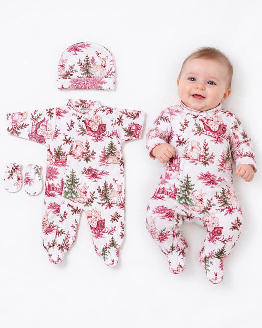 Christmas Print Babygrow, Mittens & Hat Set