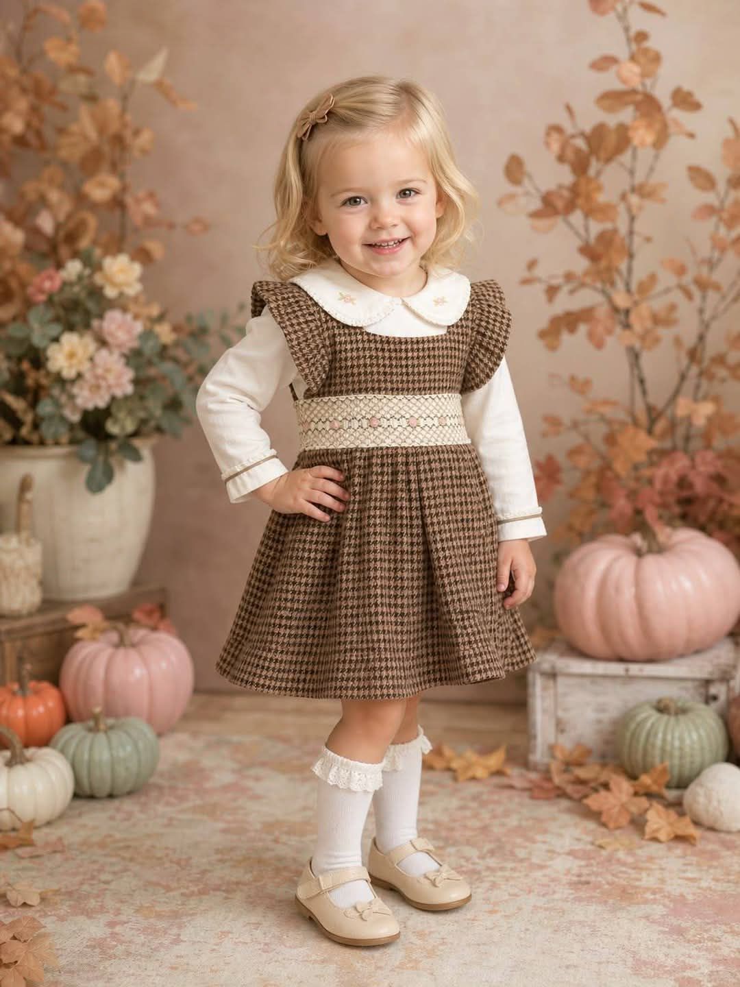 Girls Camel Smocked Checked Pinafore Dress & Blouse