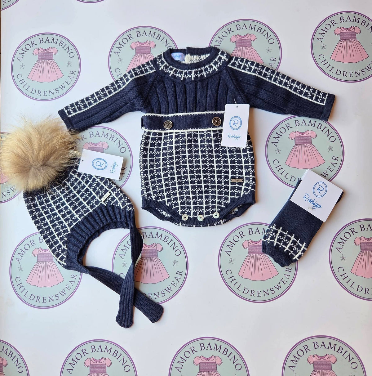 Rahigo Baby Boys Navy & Cream Romper, Pom Hat & Socks Set - AW26 In Stock