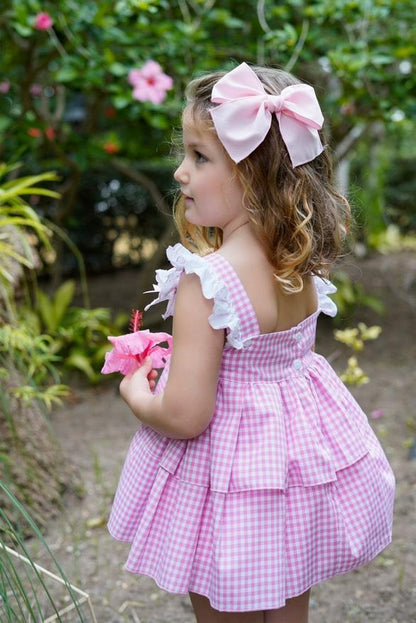 Ela Confeccion SS25 Girls Pink & White Gingham Print Dress, Knickers & Hairpiece - (Made to order)