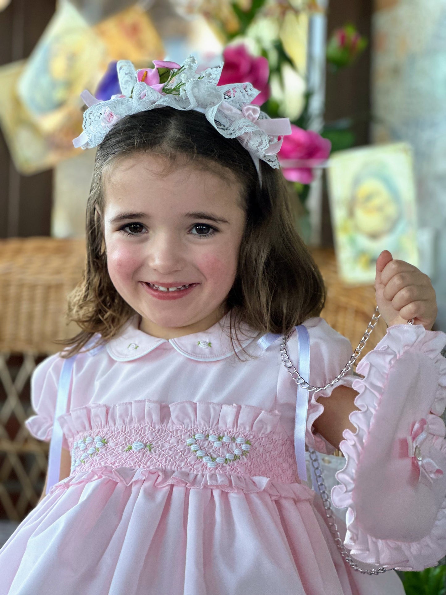 Sonata Girls Pink Hand Smocked Heart Puffball Dress - (Made To Order)