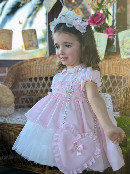 Sonata Girls Pink Hand Smocked Heart Puffball Dress - (Made To Order)