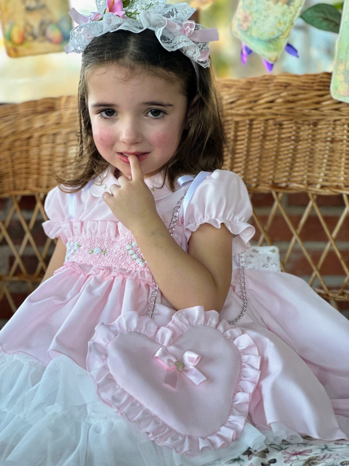 Sonata Girls Pink Hand Smocked Heart Puffball Dress - (Made To Order)