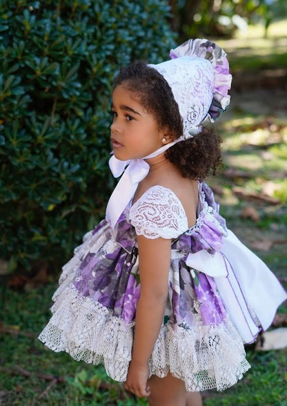 Ela Confeccion SS25 Girls Purple Floral Handmade Bonnet - (Made to order)