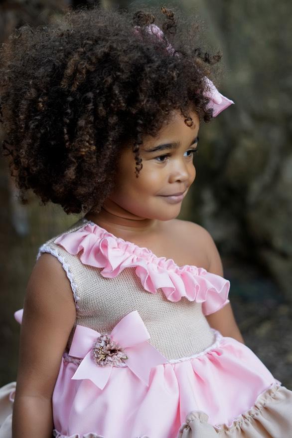 Ela Confeccion SS25 Girls Camel & Pink Dress, Knickers & Hair Bow - (Made to order)