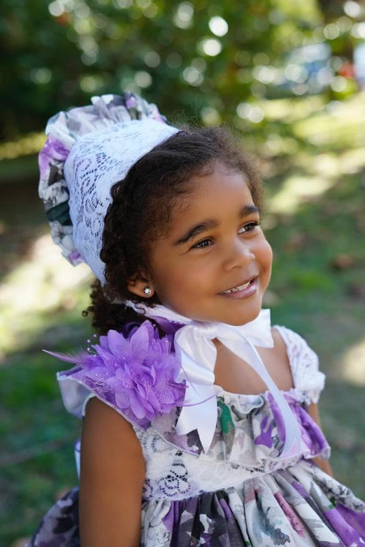 Ela Confeccion SS25 Girls Purple Floral Handmade Bonnet - (Made to order)
