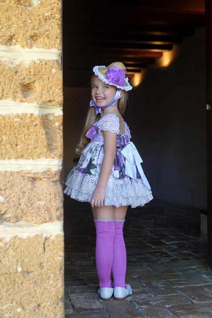 Ela Confeccion SS25 Girls Purple Floral Handmade Straw Hat - (Made to order)