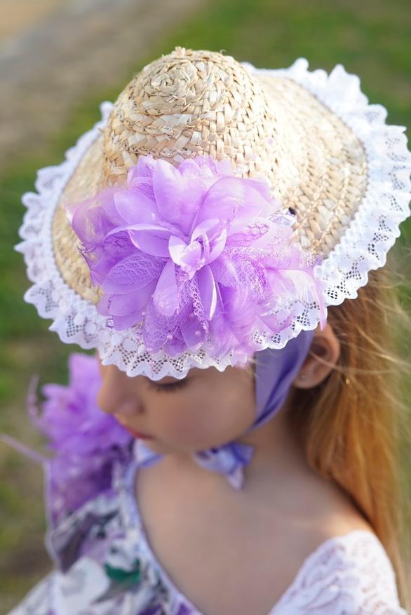 Ela Confeccion SS25 Girls Purple Floral Handmade Straw Hat - (Made to order)