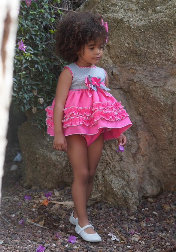 Ela Confeccion SS25 Girls Half Knit Pink Ruffle Dress, Knickers & Hairpiece - (Made to order)