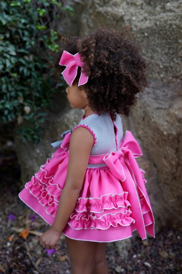 Ela Confeccion SS25 Girls Half Knit Pink Ruffle Dress, Knickers & Hairpiece - (Made to order)