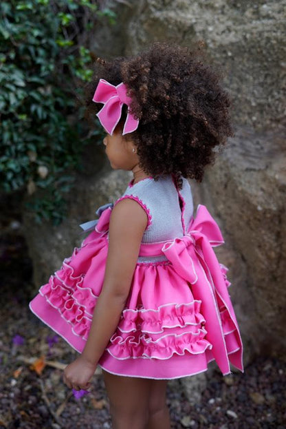 Ela Confeccion SS25 Girls Half Knit Pink Ruffle Dress, Knickers & Hairpiece - (Made to order)