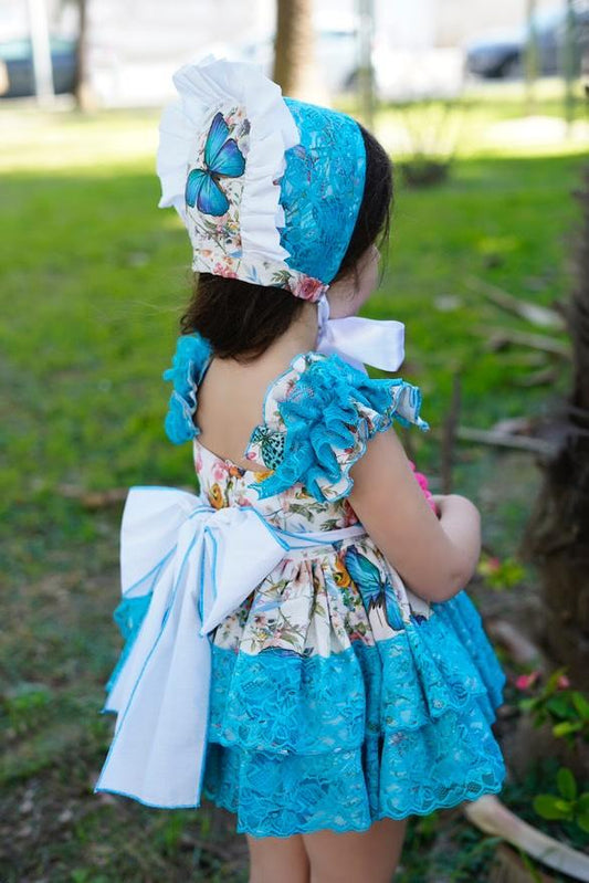 Ela Confeccion SS25 Girls Blue Butterfly Handmade Bonnet - (Made to order)