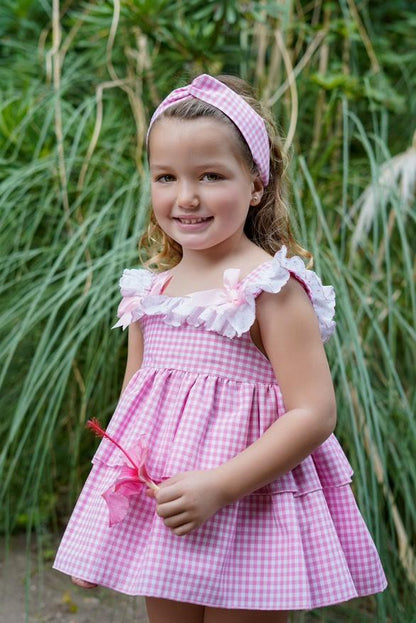 Ela Confeccion SS25 Girls Pink & White Gingham Print Dress, Knickers & Hairpiece - (Made to order)