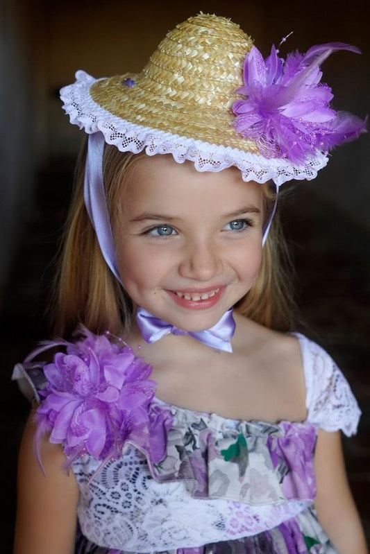 Ela Confeccion SS25 Girls Purple Floral Handmade Straw Hat - (Made to order)