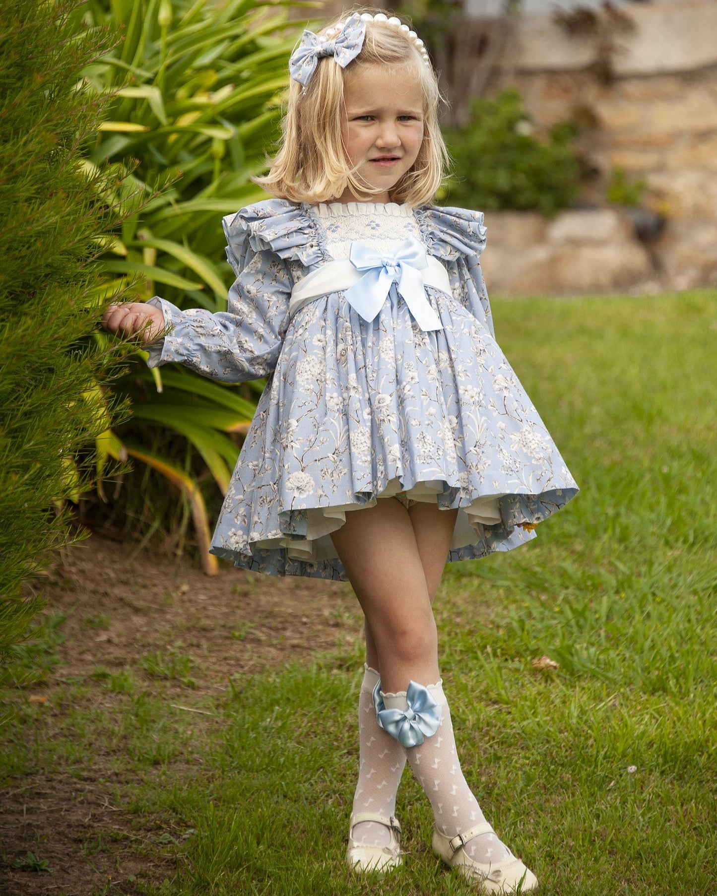 Sonata Girls Blue Floral Smocked Dress (Made to order)