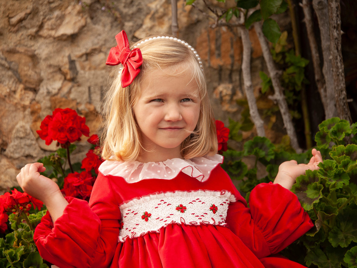 Sonata Red Smocked Dress & Hair Bow AW (Made to order)
