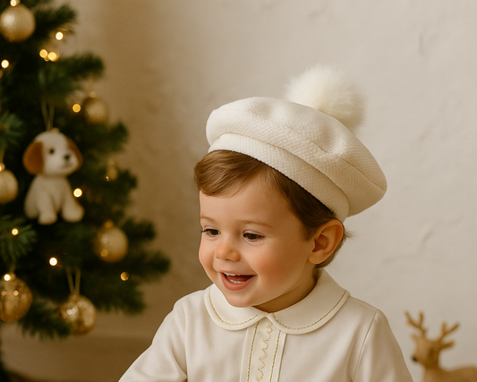 Boys Cream & Gold Handmade Pom Beret Hat AW25 (Made to order)