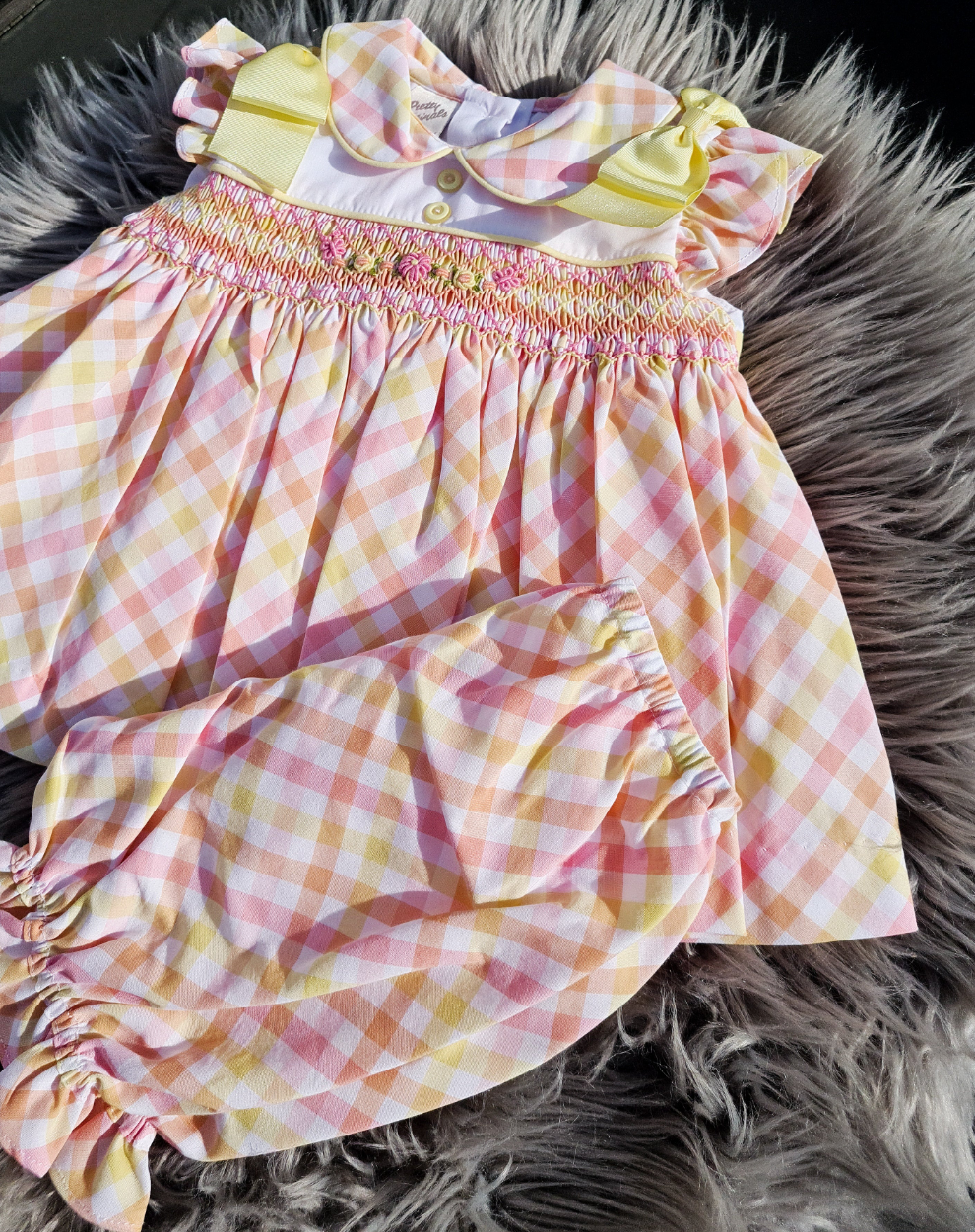 Girls Checked Hand Smocked Dress Set
