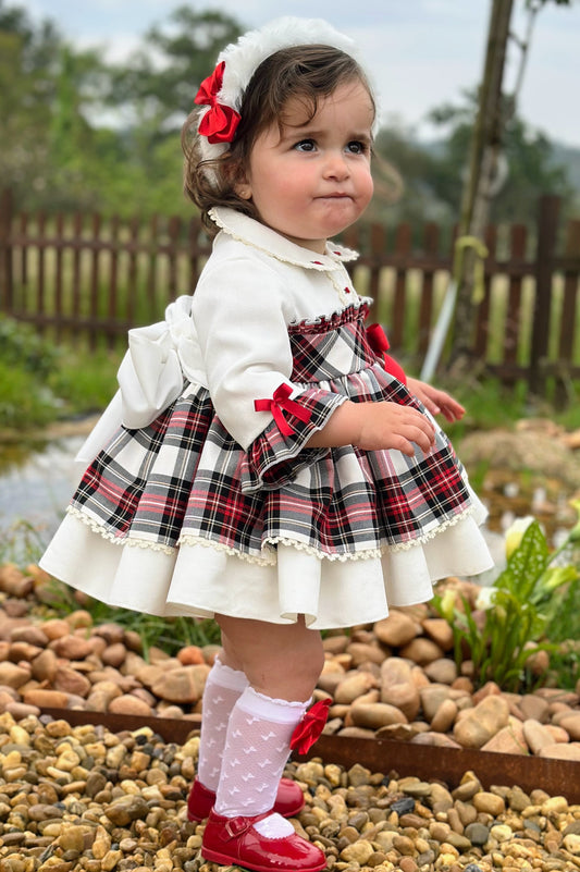 Girls White Tartan Puffball Dress AW (Made to order)