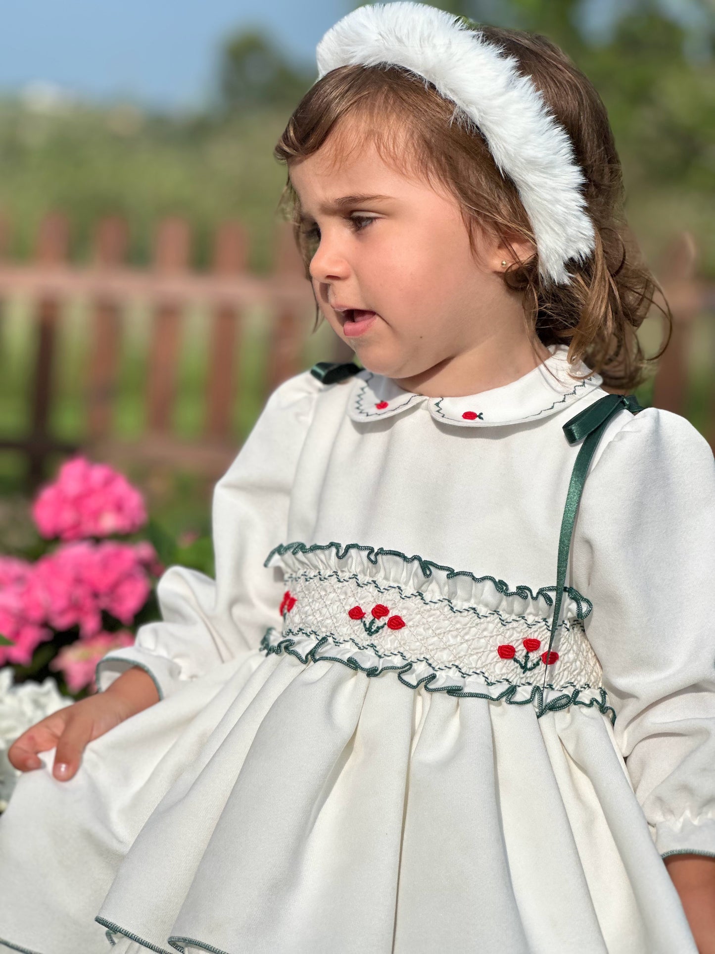 Girls White & Bottle Green Velvet Smocked Dress AW (Made to order)