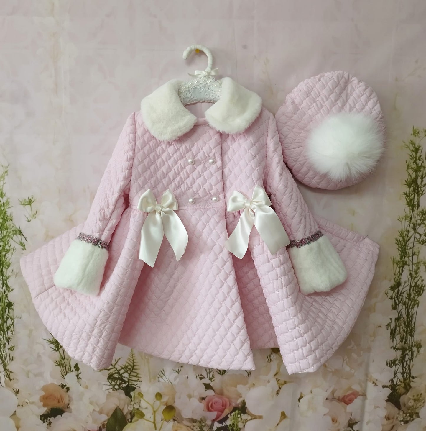 Sonata Girls Pink Quilted Fur Trim Classic Coat & Hat AW (Made To Order)