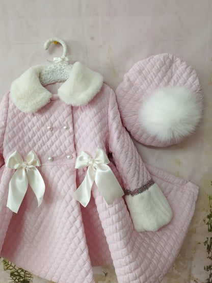 Sonata Girls Pink Quilted Fur Trim Classic Coat & Hat AW (Made To Order)