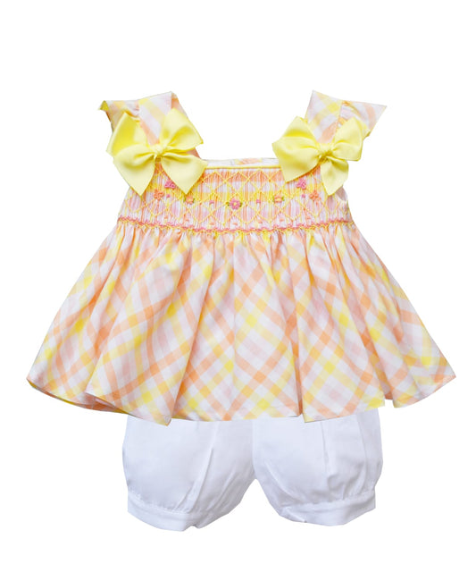 Girls Checked Hand Smocked Top and Short Set